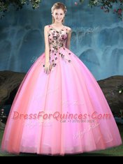 Comfortable V-neck Sleeveless Quince Ball Gowns Floor Length Appliques Multi-color Tulle