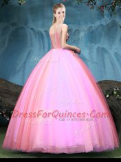 Comfortable V-neck Sleeveless Quince Ball Gowns Floor Length Appliques Multi-color Tulle