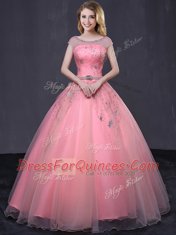 Scoop Cap Sleeves Floor Length Beading and Belt Lace Up 15 Quinceanera Dress with Watermelon Red