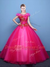 Scoop Short Sleeves Appliques Lace Up Quince Ball Gowns