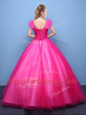Scoop Short Sleeves Appliques Lace Up Quince Ball Gowns