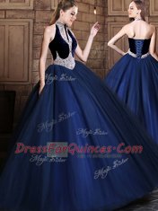 Halter Top Floor Length Lace Up Quinceanera Gown Navy Blue for Military Ball and Sweet 16 and Quinceanera with Beading