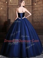 Halter Top Floor Length Lace Up Quinceanera Gown Navy Blue for Military Ball and Sweet 16 and Quinceanera with Beading