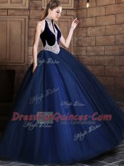 Halter Top Floor Length Lace Up Quinceanera Gown Navy Blue for Military Ball and Sweet 16 and Quinceanera with Beading