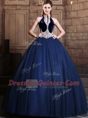 Halter Top Floor Length Lace Up Quinceanera Gown Navy Blue for Military Ball and Sweet 16 and Quinceanera with Beading