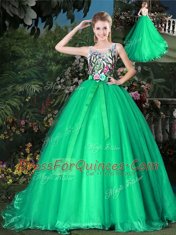 Scoop Appliques and Belt Sweet 16 Dresses Green Zipper Sleeveless Brush Train
