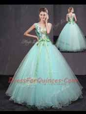 Low Price Appliques and Belt Sweet 16 Quinceanera Dress Aqua Blue Lace Up Sleeveless Floor Length