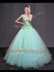 Low Price Appliques and Belt Sweet 16 Quinceanera Dress Aqua Blue Lace Up Sleeveless Floor Length