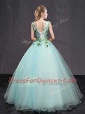 Low Price Appliques and Belt Sweet 16 Quinceanera Dress Aqua Blue Lace Up Sleeveless Floor Length