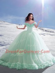 Vintage Off the Shoulder Apple Green Tulle Lace Up 15th Birthday Dress Sleeveless Court Train Hand Made Flower