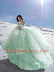 Vintage Off the Shoulder Apple Green Tulle Lace Up 15th Birthday Dress Sleeveless Court Train Hand Made Flower