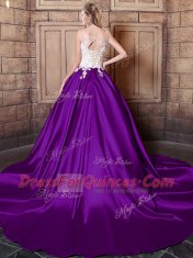 Elastic Woven Satin Scoop Sleeveless Court Train Lace Up Lace and Appliques Quinceanera Dresses in Purple