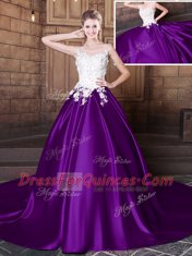 Elastic Woven Satin Scoop Sleeveless Court Train Lace Up Lace and Appliques Quinceanera Dresses in Purple