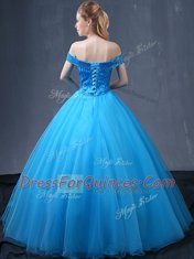 Off the Shoulder Baby Blue Lace Up 15th Birthday Dress Beading and Appliques Sleeveless Floor Length