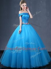 Off the Shoulder Baby Blue Lace Up 15th Birthday Dress Beading and Appliques Sleeveless Floor Length