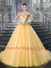 Chic Straps Tulle Sleeveless With Train Sweet 16 Dresses Brush Train and Beading