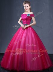 Off the Shoulder Floor Length Lace Up Ball Gown Prom Dress Fuchsia for Military Ball and Sweet 16 and Quinceanera with Beading and Appliques