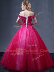 Off the Shoulder Floor Length Lace Up Ball Gown Prom Dress Fuchsia for Military Ball and Sweet 16 and Quinceanera with Beading and Appliques