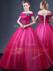 Off the Shoulder Floor Length Lace Up Ball Gown Prom Dress Fuchsia for Military Ball and Sweet 16 and Quinceanera with Beading and Appliques