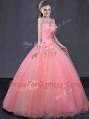 Sweet Watermelon Red Lace Up Scoop Beading and Appliques Vestidos de Quinceanera Tulle Sleeveless