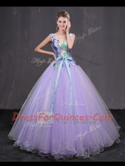 Great Lavender Tulle Lace Up Quinceanera Gown Sleeveless Floor Length Beading and Belt