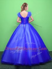 Blue Tulle Lace Up Scoop Short Sleeves Floor Length Sweet 16 Dresses Appliques