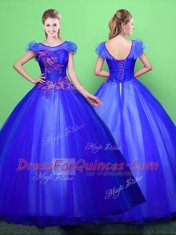 Blue Tulle Lace Up Scoop Short Sleeves Floor Length Sweet 16 Dresses Appliques