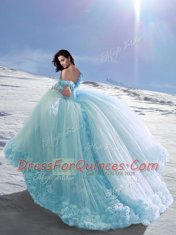 Eye-catching Off the Shoulder Cap Sleeves Lace Up Quince Ball Gowns Baby Blue for Military Ball and Sweet 16 and Quinceanera with Hand Made Flower Court Train