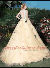 Scoop Champagne Sleeveless Brush Train Appliques Vestidos de Quinceanera