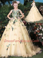 Scoop Champagne Sleeveless Brush Train Appliques Vestidos de Quinceanera