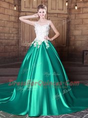 Scoop With Train Turquoise Quinceanera Dress Elastic Woven Satin Court Train Sleeveless Lace and Appliques