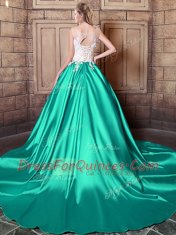 Scoop With Train Turquoise Quinceanera Dress Elastic Woven Satin Court Train Sleeveless Lace and Appliques