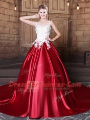 Custom Design Scoop Sleeveless Elastic Woven Satin Sweet 16 Dresses Lace and Appliques Lace Up