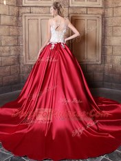 Custom Design Scoop Sleeveless Elastic Woven Satin Sweet 16 Dresses Lace and Appliques Lace Up