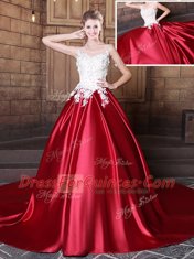 Custom Design Scoop Sleeveless Elastic Woven Satin Sweet 16 Dresses Lace and Appliques Lace Up