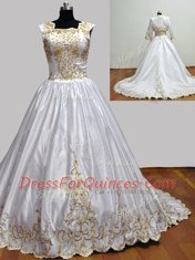 Taffeta Square Sleeveless Brush Train Zipper Embroidery Sweet 16 Dresses in White