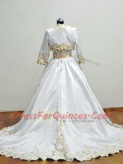 Taffeta Square Sleeveless Brush Train Zipper Embroidery Sweet 16 Dresses in White