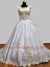 Taffeta Square Sleeveless Brush Train Zipper Embroidery Sweet 16 Dresses in White