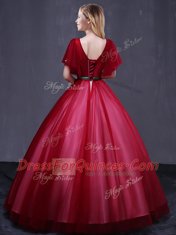 Scoop Wine Red Short Sleeves Floor Length Appliques and Belt Lace Up Quinceanera Dresses