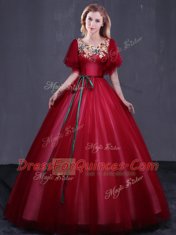 Scoop Wine Red Short Sleeves Floor Length Appliques and Belt Lace Up Quinceanera Dresses