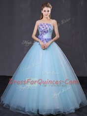 Custom Design Floor Length Lace Up 15 Quinceanera Dress Light Blue for Military Ball and Sweet 16 and Quinceanera with Appliques and Belt