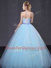 Custom Design Floor Length Lace Up 15 Quinceanera Dress Light Blue for Military Ball and Sweet 16 and Quinceanera with Appliques and Belt