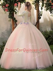 Popular Scoop Peach Lace Up Vestidos de Quinceanera Appliques Long Sleeves Floor Length