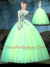 Elegant Multi-color Lace Up V-neck Appliques Sweet 16 Dress Tulle Sleeveless