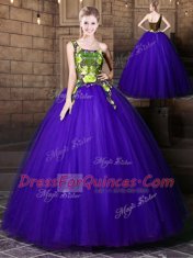 Best Blue Lace Up One Shoulder Pattern Quinceanera Dresses Tulle Sleeveless