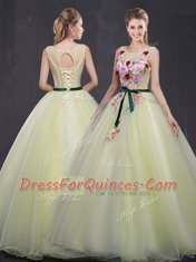 Light Yellow Organza Lace Up Scoop Sleeveless Floor Length Quinceanera Dress Appliques