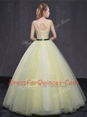Light Yellow Organza Lace Up Scoop Sleeveless Floor Length Quinceanera Dress Appliques