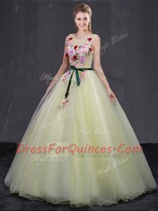 Light Yellow Organza Lace Up Scoop Sleeveless Floor Length Quinceanera Dress Appliques