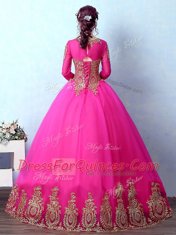 Floor Length Fuchsia Vestidos de Quinceanera Scoop Long Sleeves Lace Up