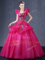 Custom Fit Fuchsia Tulle Lace Up Straps Sleeveless Floor Length Vestidos de Quinceanera Appliques